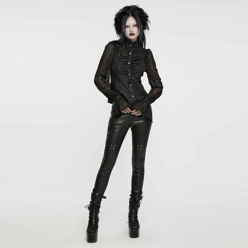 WY-1641CCF Gothic Pleated Lace Lantern Sleeve Mesh Shirt?-??Punk Rave Clothing
