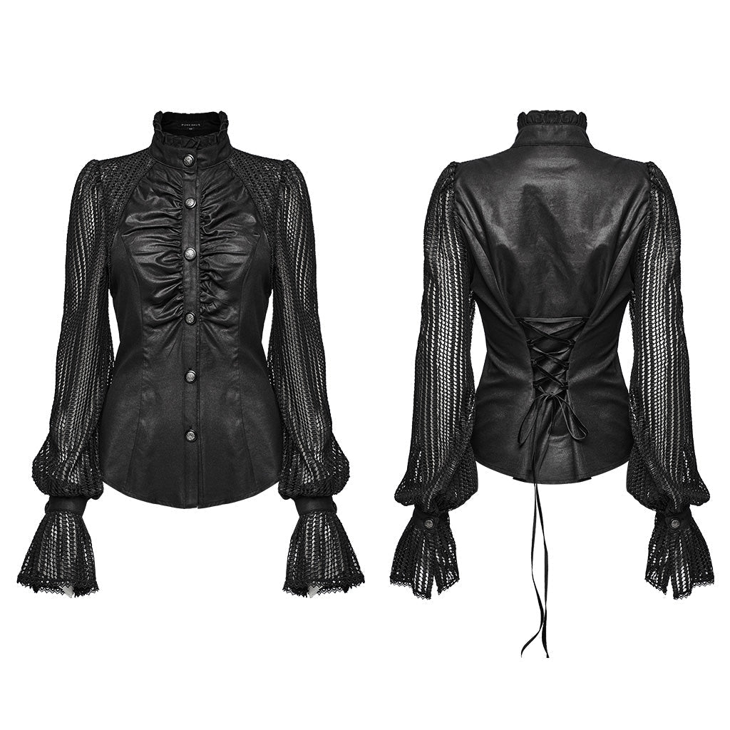 WY-1641CCF Gothic Pleated Lace Lantern Sleeve Mesh Shirt?-??Punk Rave Clothing