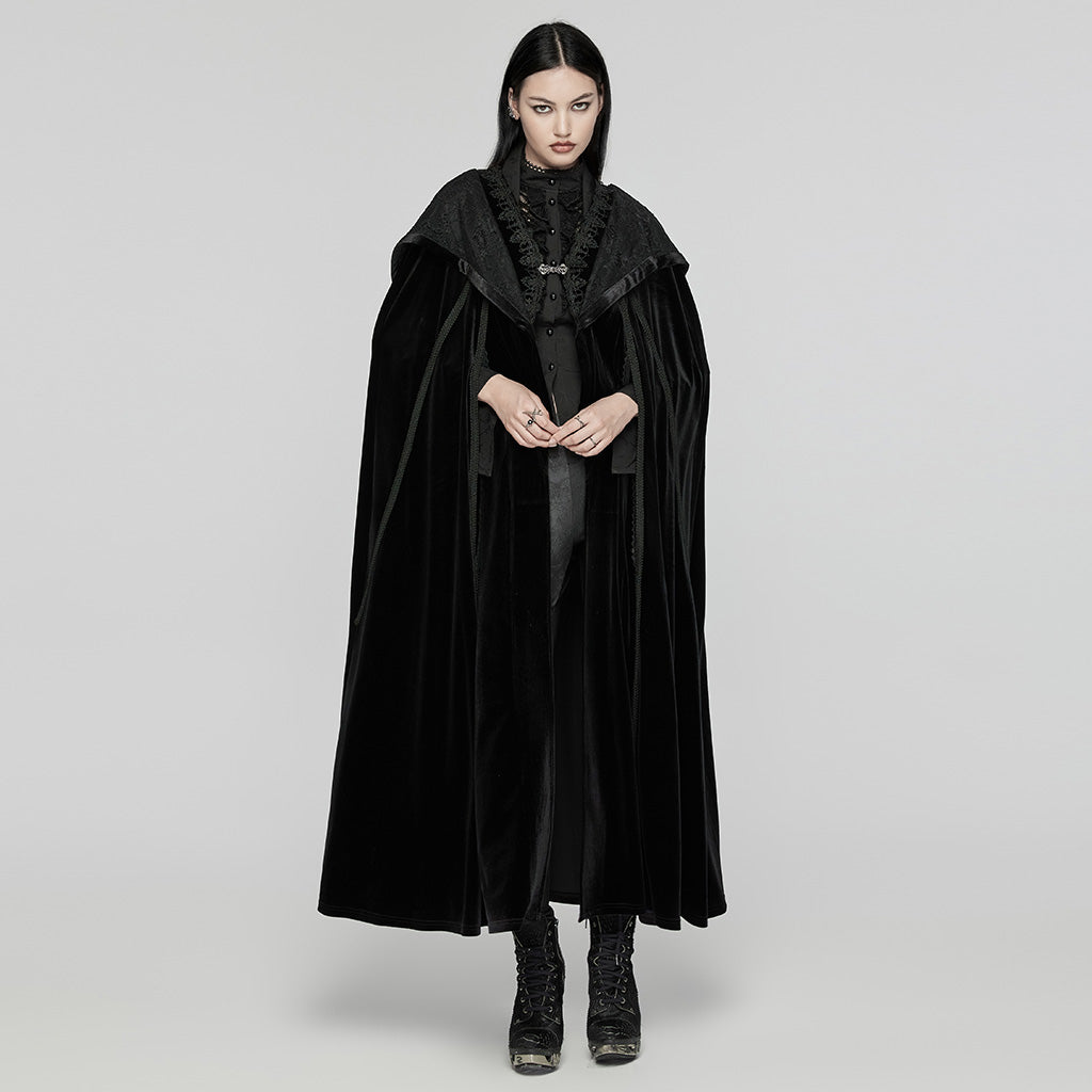 WY-1642DPF Velvet Gothic Coat with Hood and Lace Detailing?-??Punk Rave Clothing