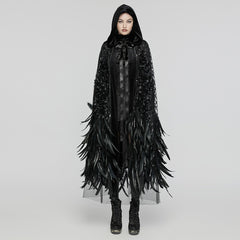 WY-1649DPF Elegant Hooded Gothic Feather Detailed Black Long Coat