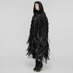 WY-1649DPF Elegant Hooded Gothic Feather Detailed Black Long Coat