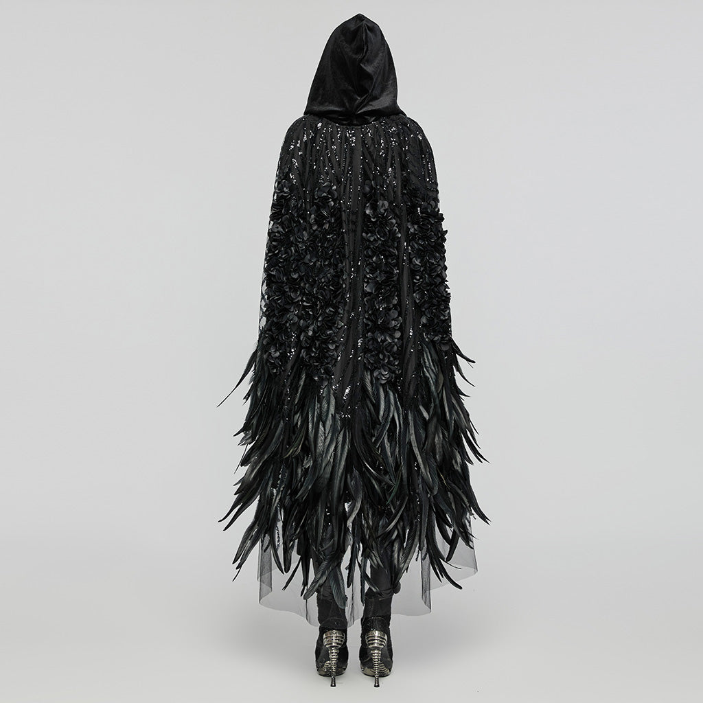 WY-1649DPF Elegant Hooded Gothic Feather Detailed Black Long Coat