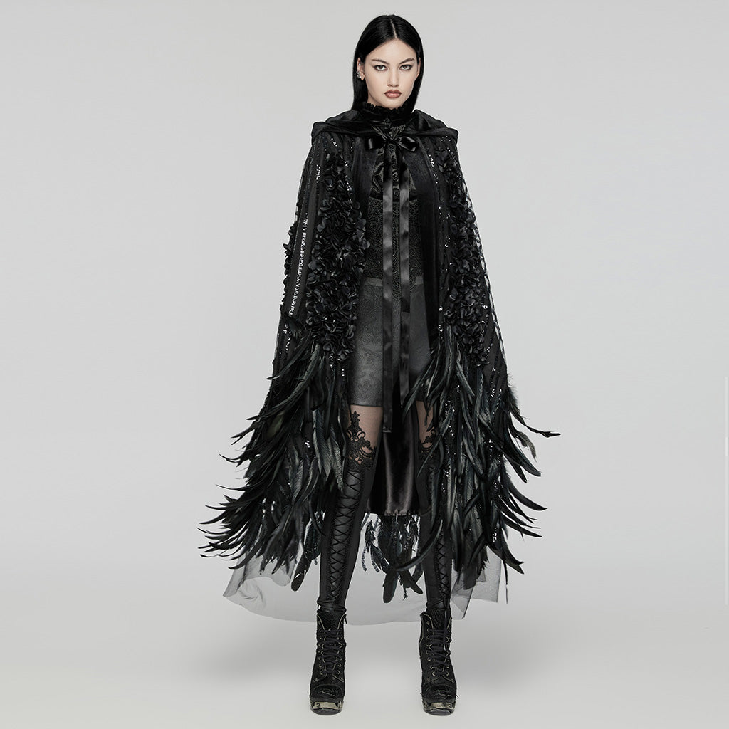 WY-1649DPF Elegant Hooded Gothic Feather Detailed Black Long Coat