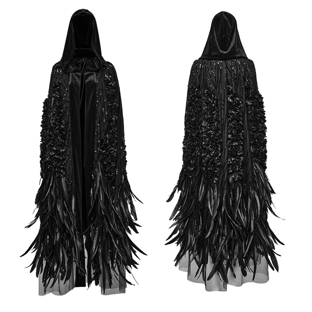 WY-1649DPF Elegant Hooded Gothic Feather Detailed Black Long Coat