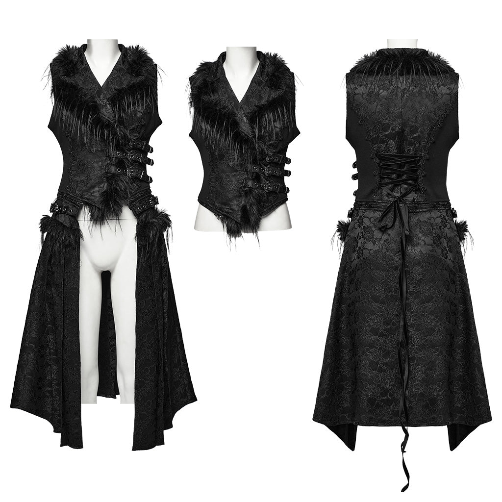 WY-1650MJF Gothic Vest Long Tail Detachable Faux Fur Trim?-??Punk Rave Clothing