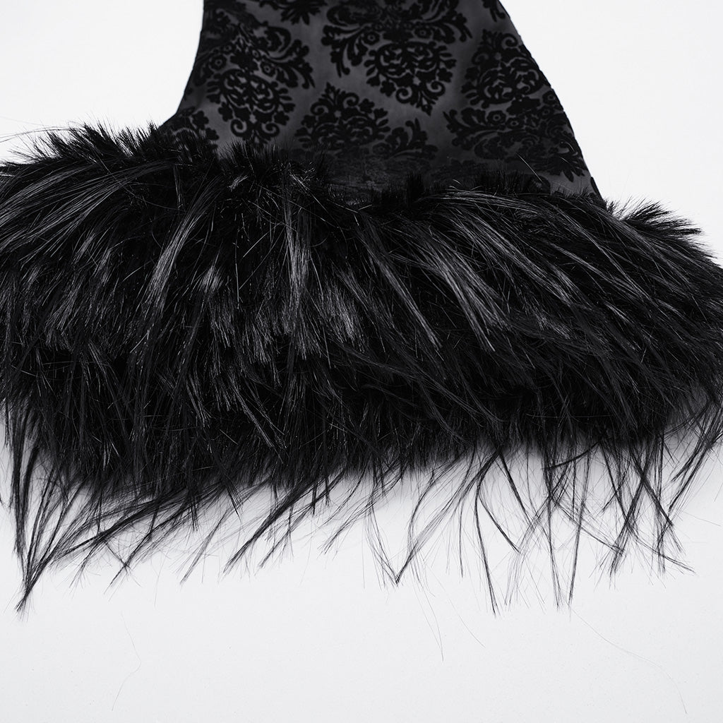 WY-1651LCF Gothic Velvet Long Coat with Feathered Hood Cuffs Trim?-??Punk Rave Clothing