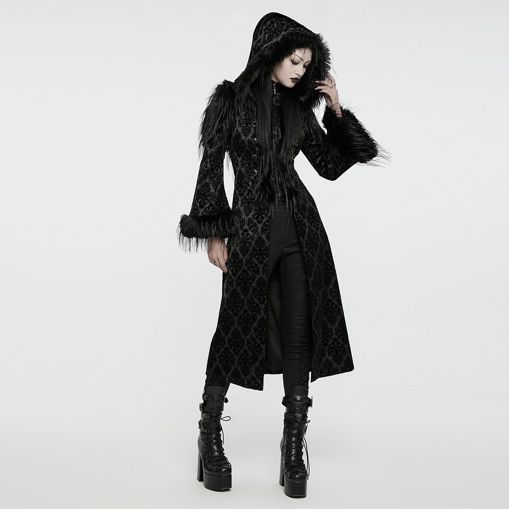 WY-1651LCF Gothic Velvet Long Coat with Feathered Hood Cuffs Trim?-??Punk Rave Clothing