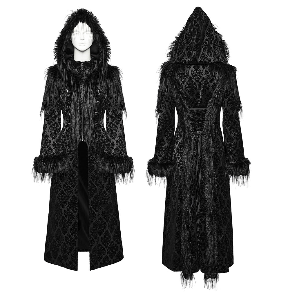 WY-1651LCF Gothic Velvet Long Coat with Feathered Hood Cuffs Trim?-??Punk Rave Clothing