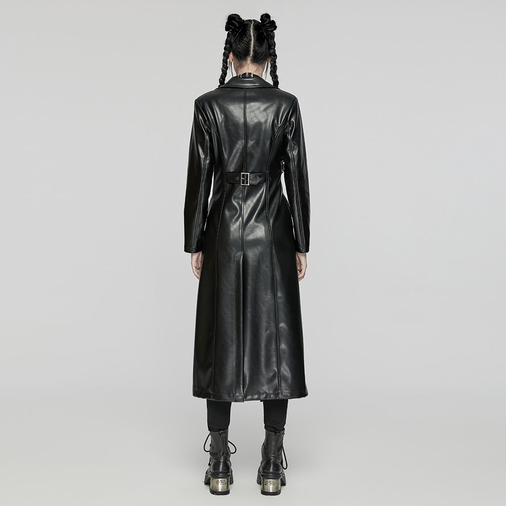 WY-1655PCF Gothic Punk Long Leather Coat with Buckle Details?-??Punk Rave Clothing