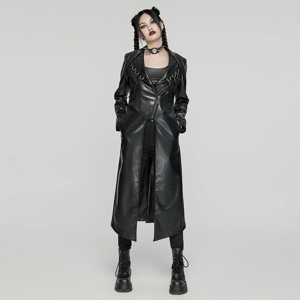 WY-1655PCF Gothic Punk Long Leather Coat with Buckle Details?-??Punk Rave Clothing