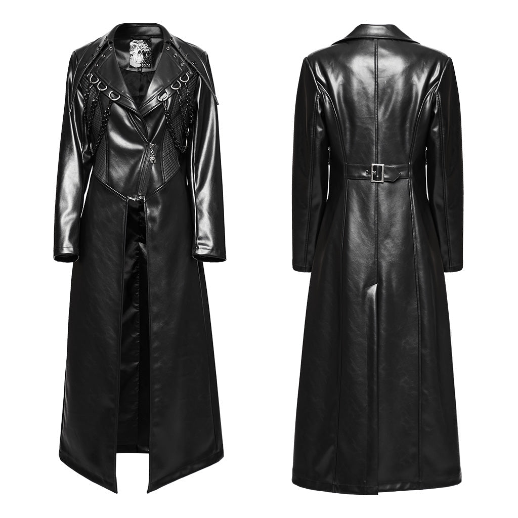 WY-1655PCF Gothic Punk Long Leather Coat with Buckle Details?-??Punk Rave Clothing