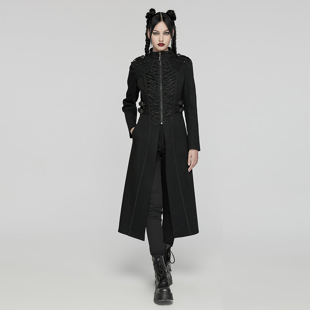 WY-1656NCF Gothic Long Black Punk Coat with Chain Details?-??Punk Rave Clothing