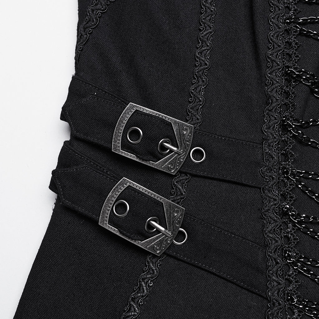 WY-1656NCF Gothic Long Black Punk Coat with Chain Details?-??Punk Rave Clothing