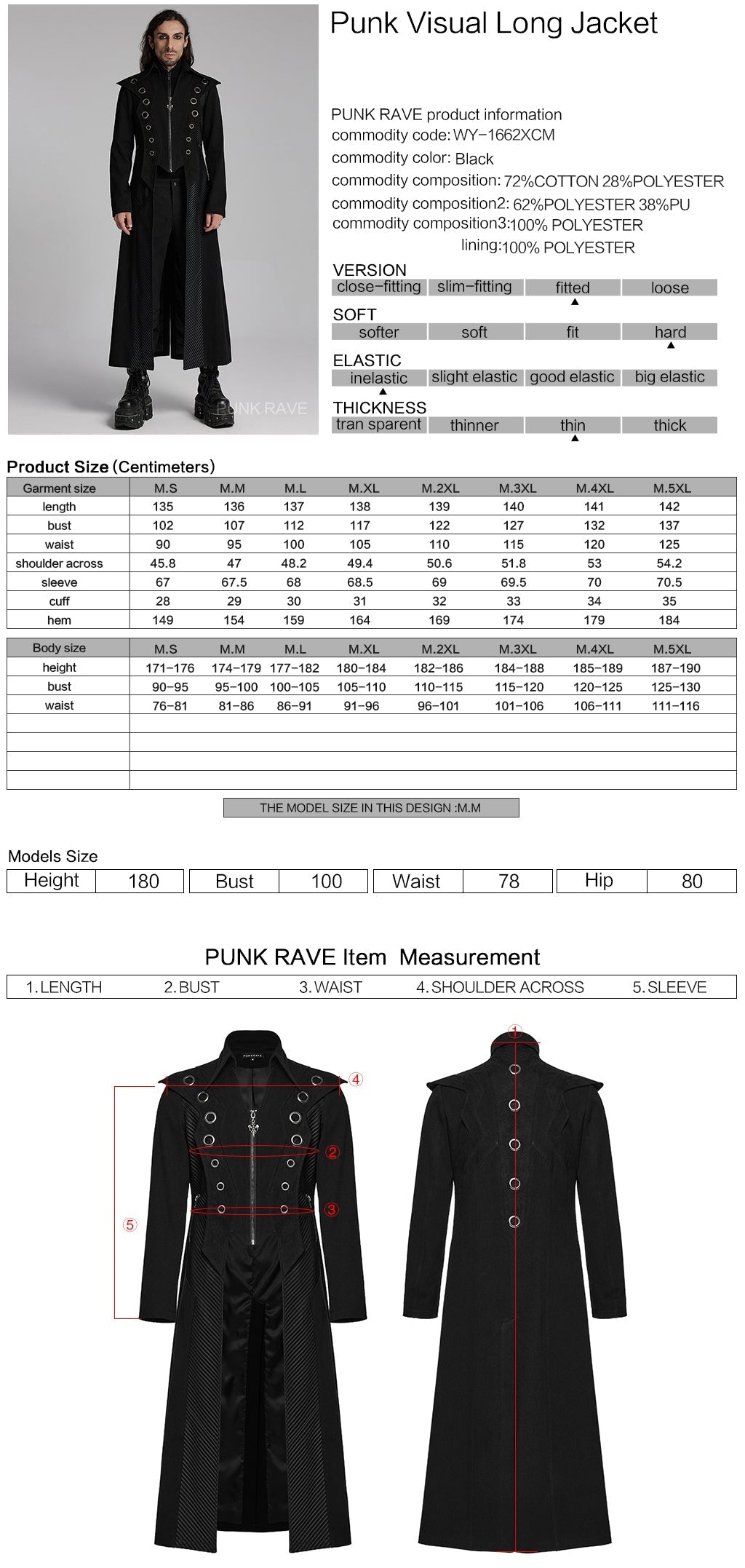 WY-1662XCM Long Black Gothic Trench Punk Coat Buttoned Detail?-??Punk Rave Clothing