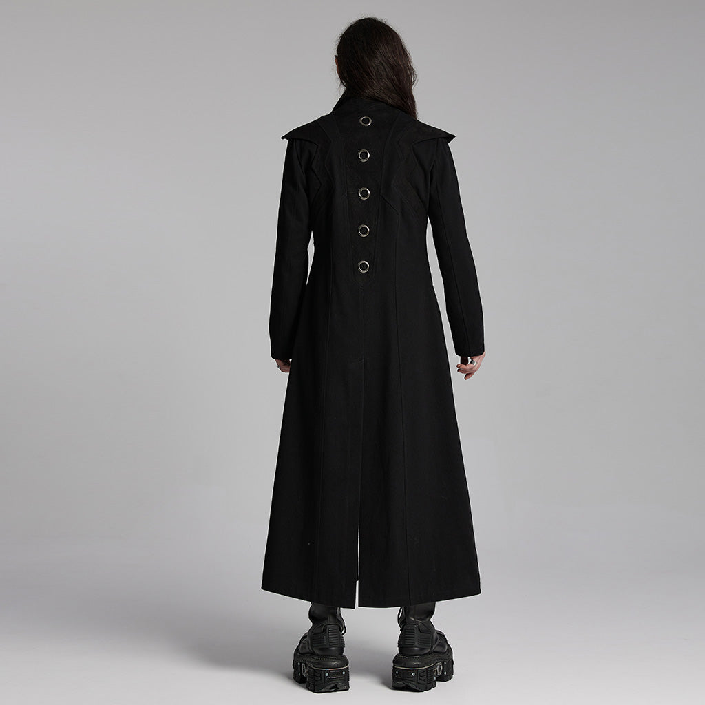 WY-1662XCM Long Black Gothic Trench Punk Coat Buttoned Detail?-??Punk Rave Clothing