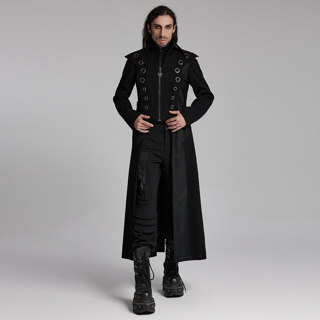 WY-1662XCM Long Black Gothic Trench Punk Coat Buttoned Detail?-??Punk Rave Clothing