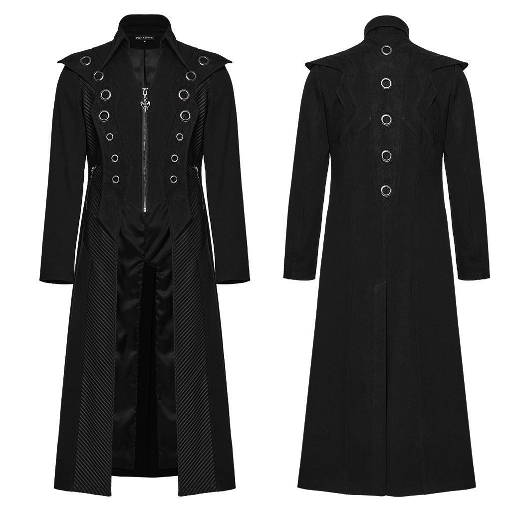 WY-1662XCM Long Black Gothic Trench Punk Coat Buttoned Detail?-??Punk Rave Clothing