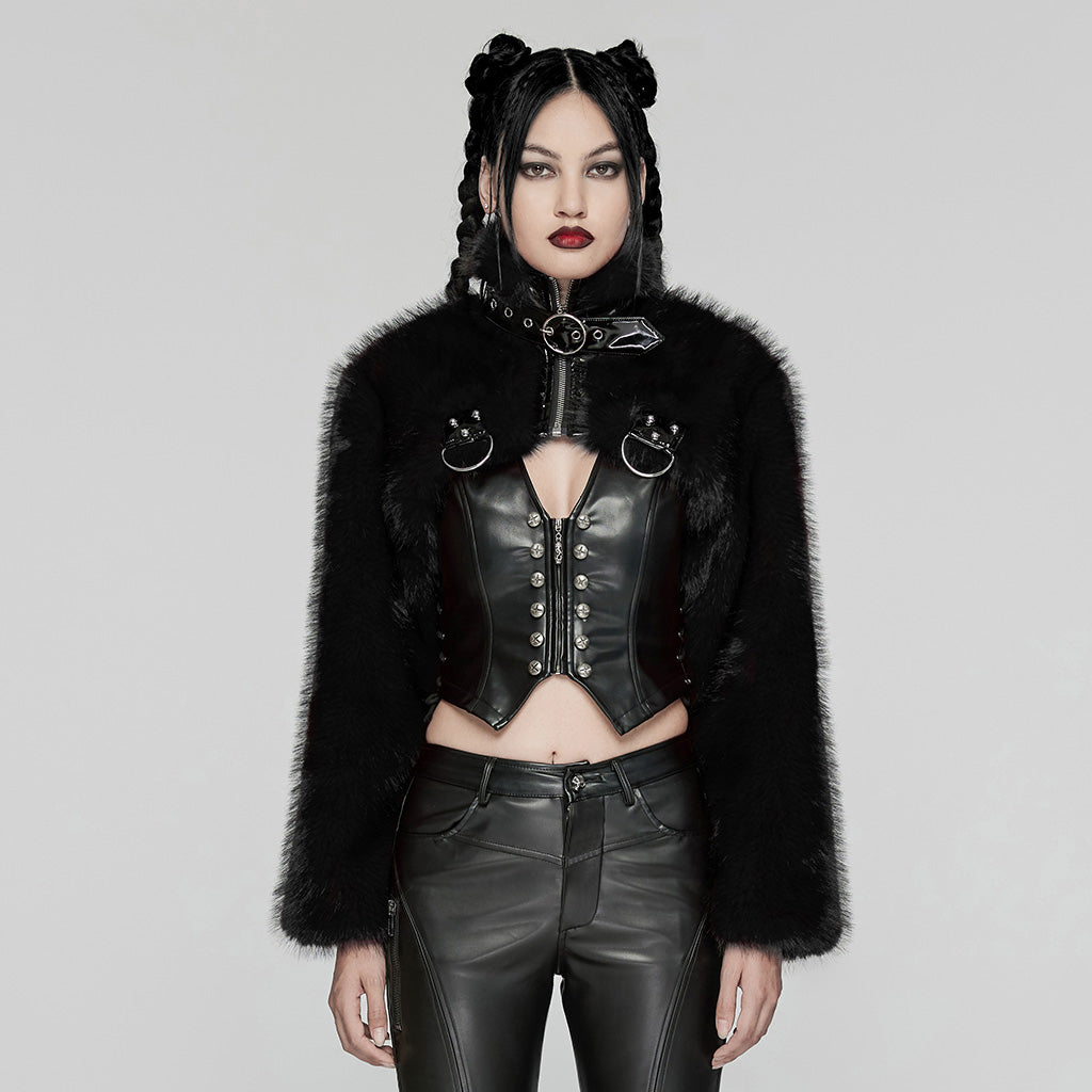 WY-1664XDF Gothic Punk Fur Jacket with Buckle Strap Details