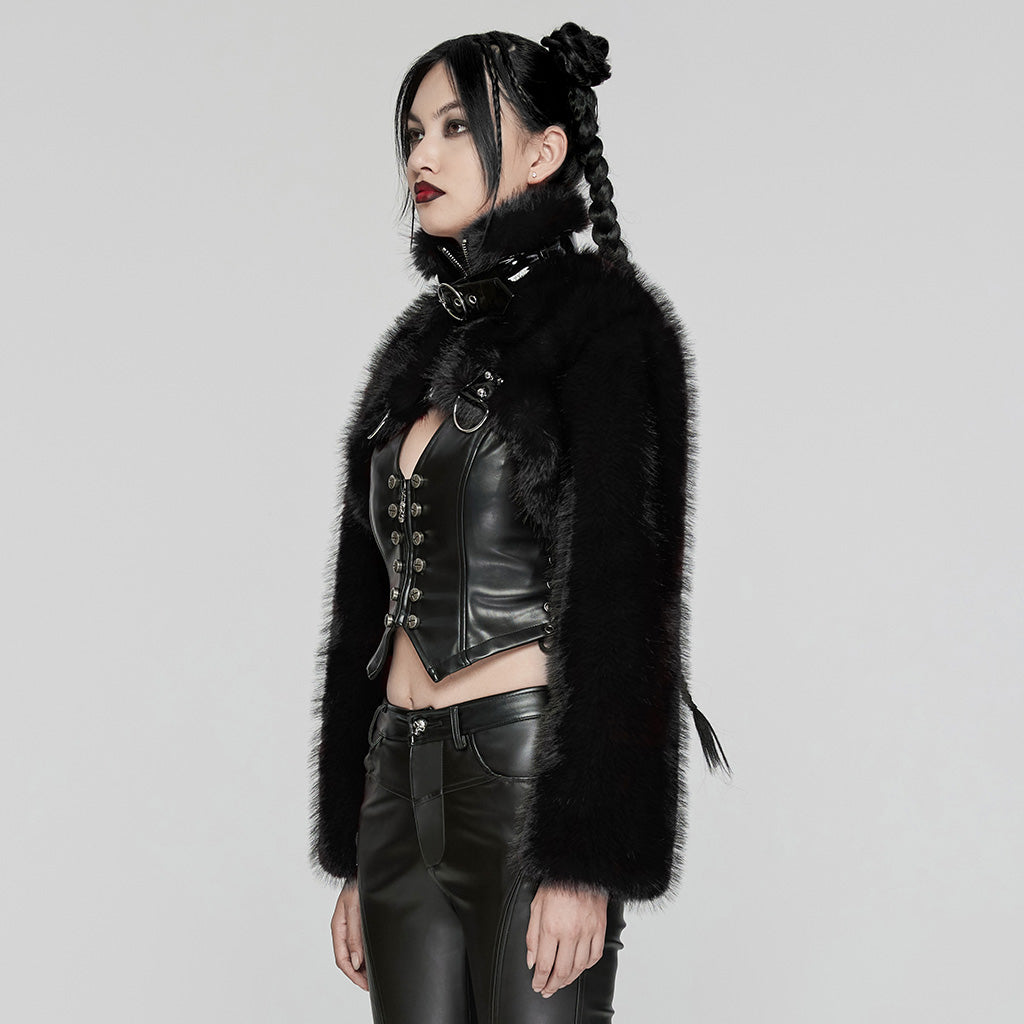 WY-1664XDF Gothic Punk Fur Jacket with Buckle Strap Details?-??Punk Rave Clothing