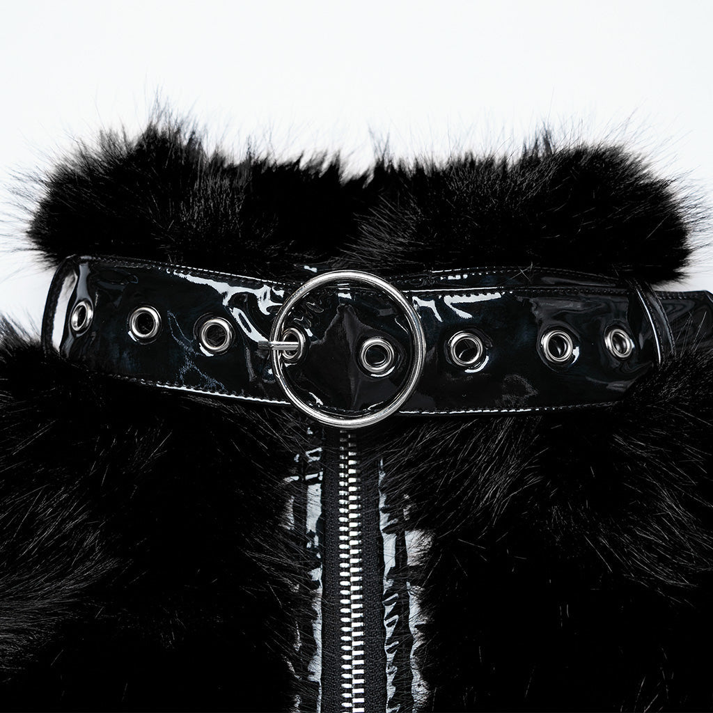 WY-1664XDF Gothic Punk Fur Jacket with Buckle Strap Details?-??Punk Rave Clothing