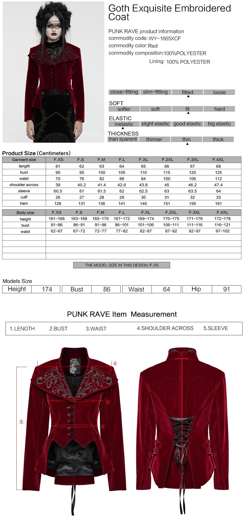 WY-1665XCF Velvet Gothic Embroidered Coat with Lace-Up Back Detailing?-??Punk Rave Clothing