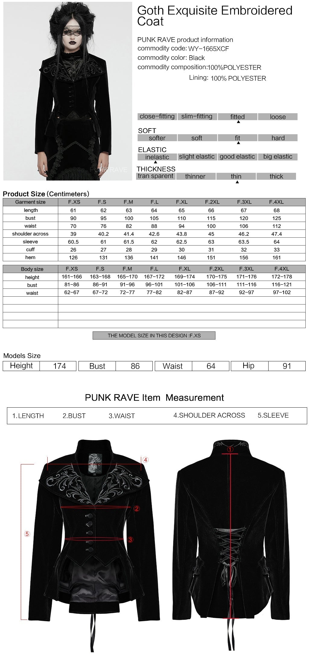 WY-1665XCF Velvet Gothic Embroidered Coat with Lace-Up Back Detailing?-??Punk Rave Clothing