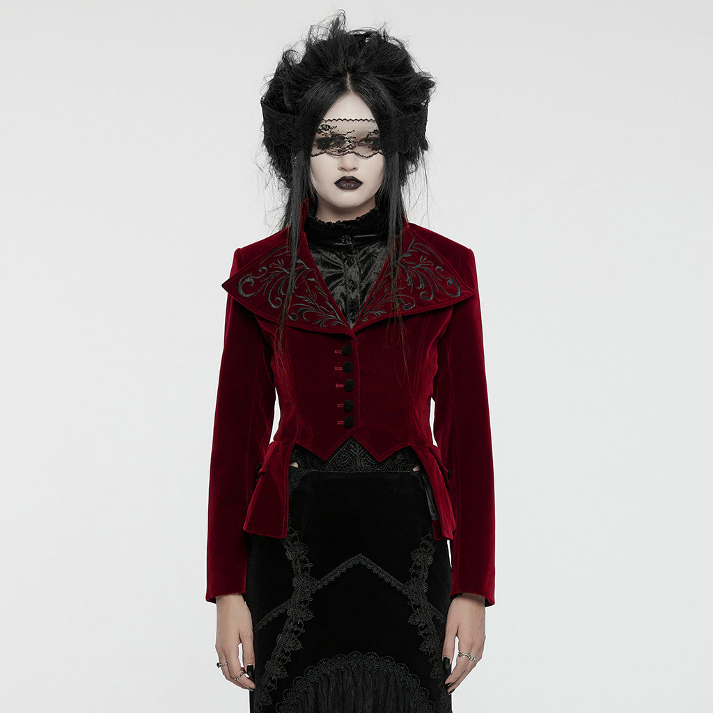 WY-1665XCF Velvet Gothic Embroidered Coat with Lace-Up Back Detailing?-??Punk Rave Clothing