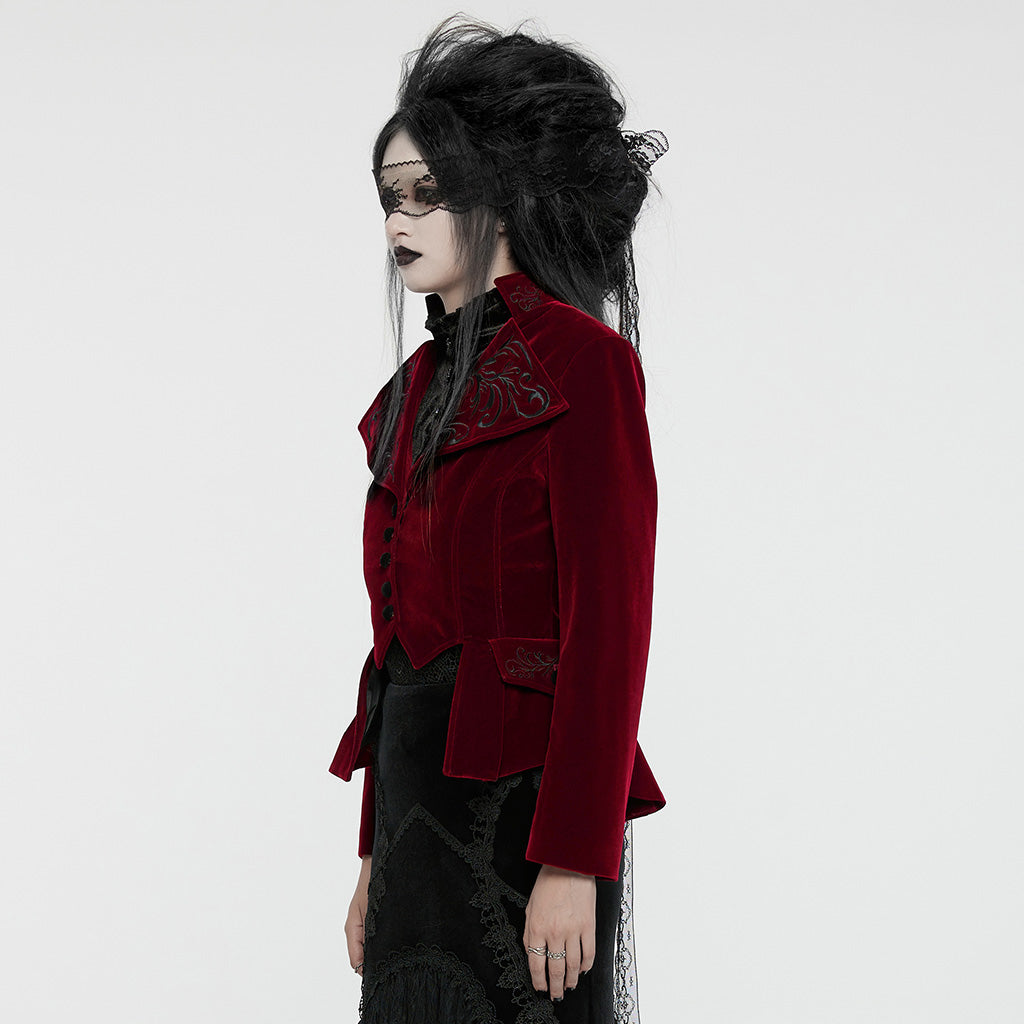 WY-1665XCF Velvet Gothic Embroidered Coat with Lace-Up Back Detailing?-??Punk Rave Clothing