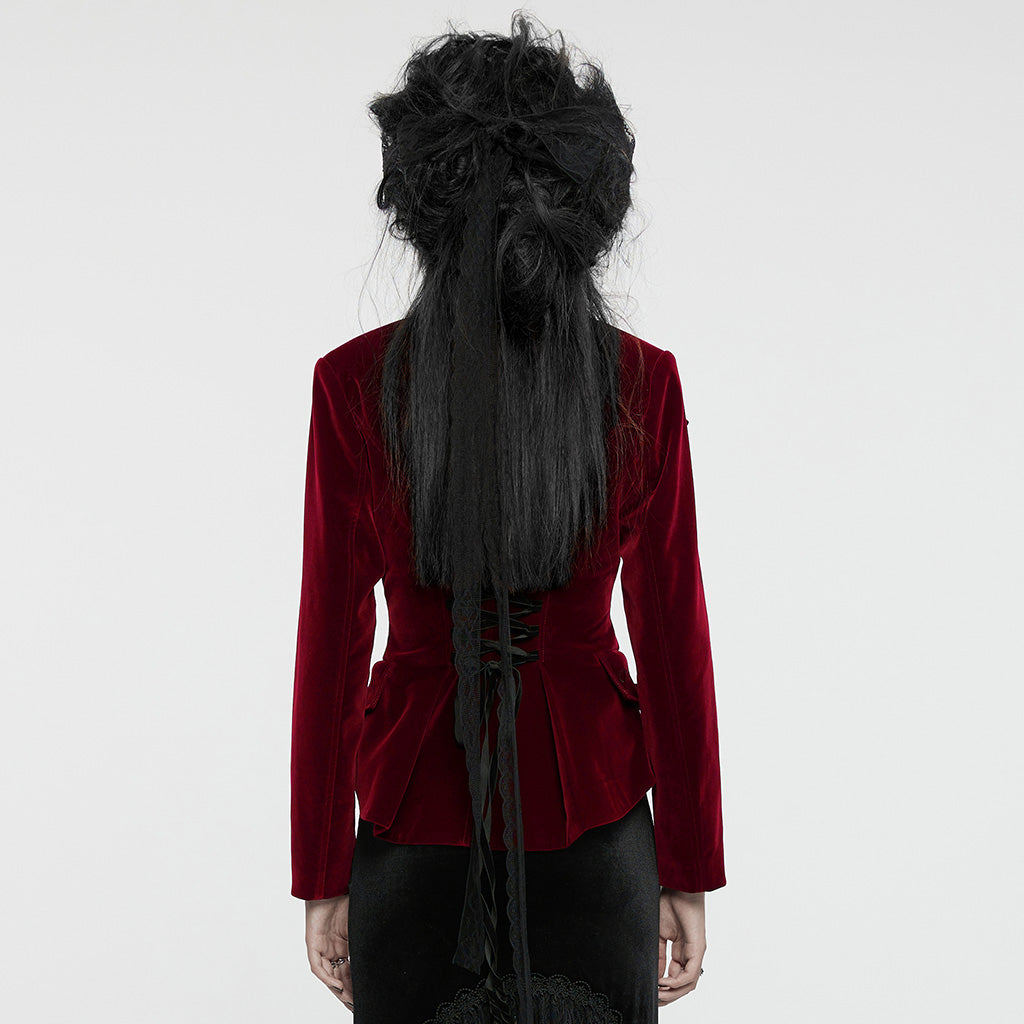 WY-1665XCF Velvet Gothic Embroidered Coat with Lace-Up Back Detailing?-??Punk Rave Clothing