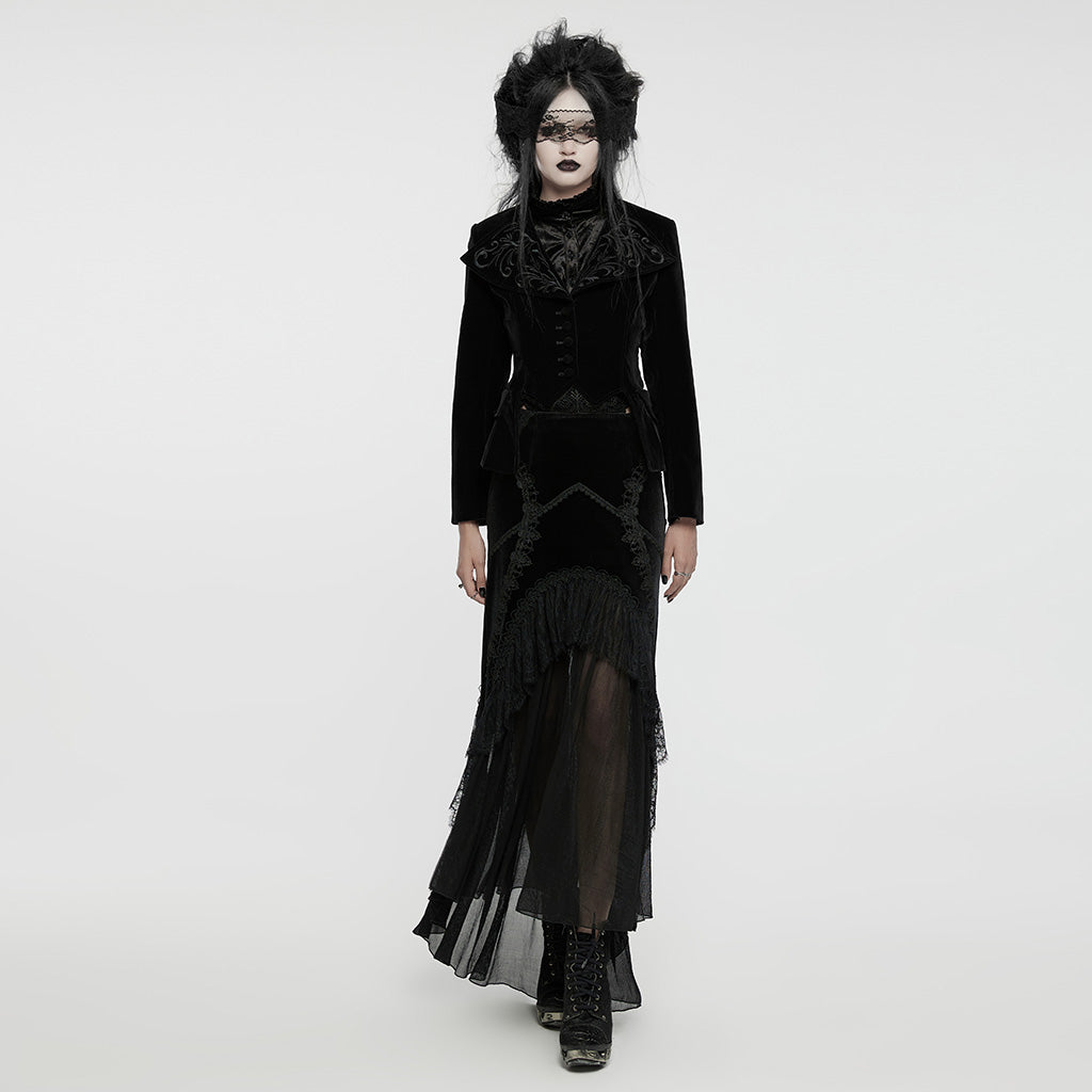 WY-1665XCF Velvet Gothic Embroidered Coat with Lace-Up Back Detailing?-??Punk Rave Clothing