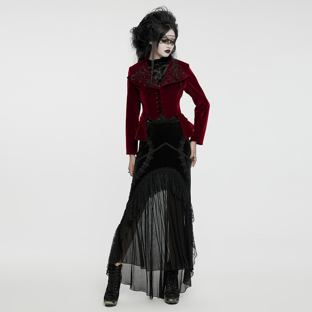 WY-1665XCF Velvet Gothic Embroidered Coat with Lace-Up Back Detailing?-??Punk Rave Clothing