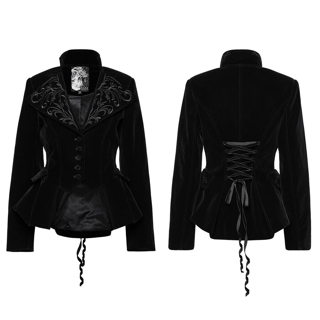 WY-1665XCF Velvet Gothic Embroidered Coat with Lace-Up Back Detailing?-??Punk Rave Clothing