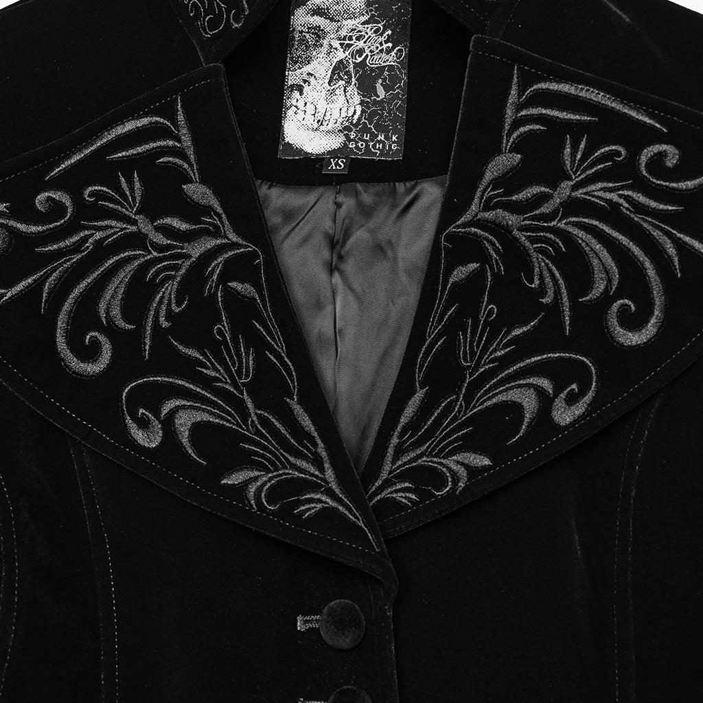 WY-1665XCF Velvet Gothic Embroidered Coat with Lace-Up Back Detailing?-??Punk Rave Clothing