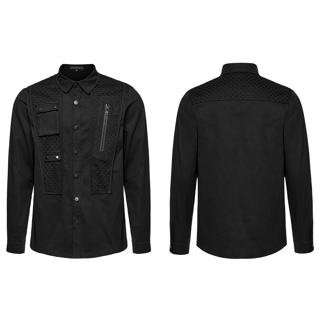 WY-1666CCM Mens Black Gothic Rivet Punk Shirt with Zipper Detail?-??Punk Rave Clothing