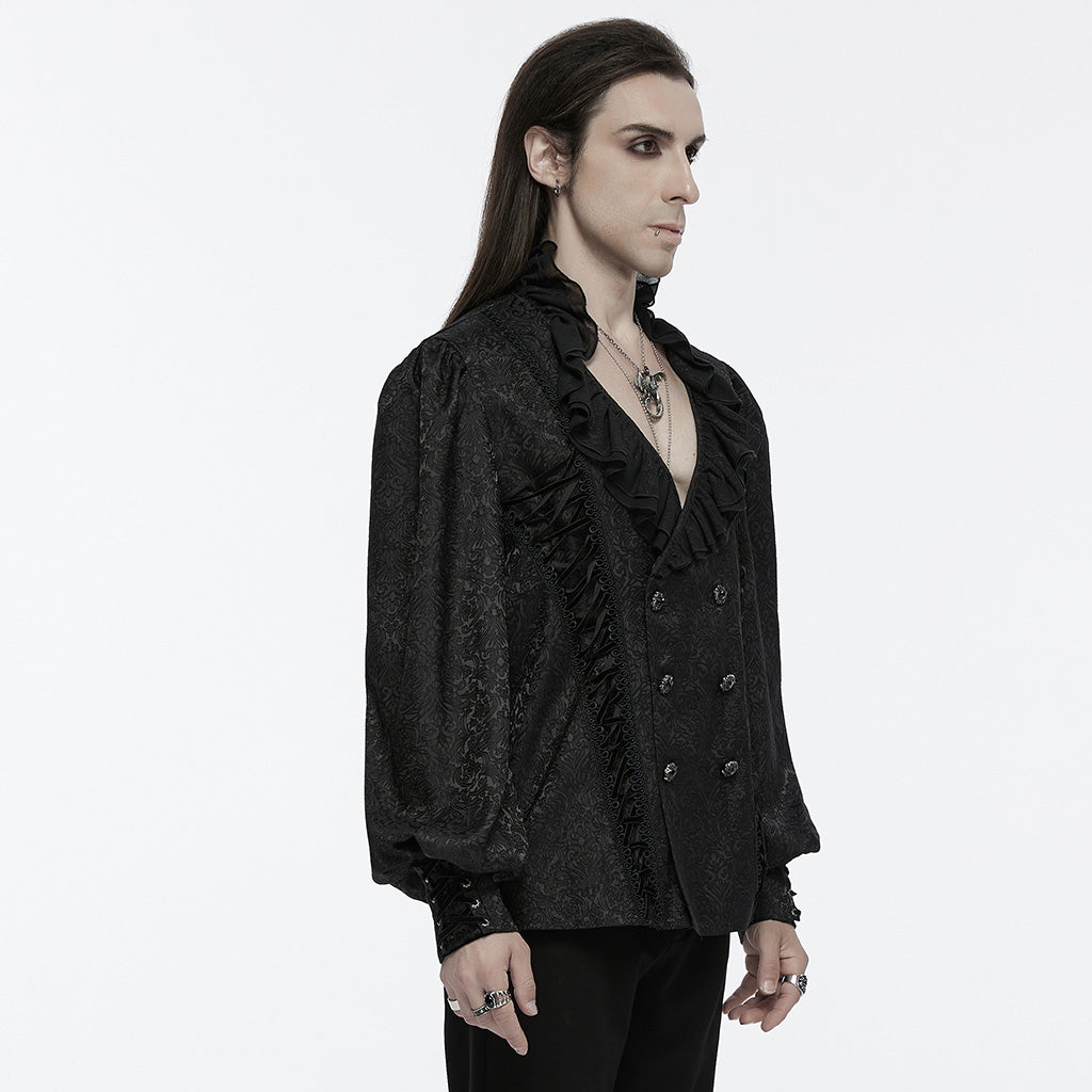 WY-1669CCM Mens Gothic Ruffled Double-Breasted Black Lace Shirt?-??Punk Rave Clothing
