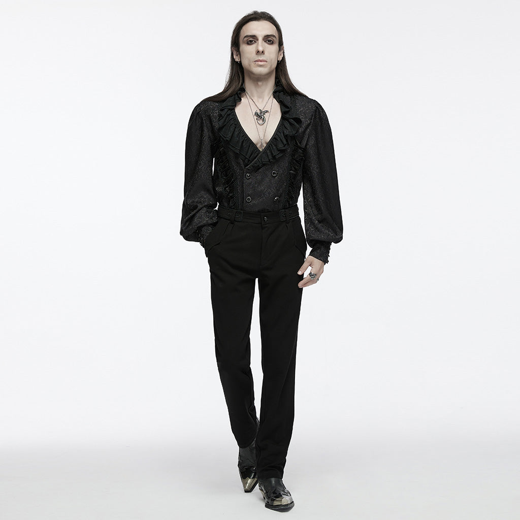 WY-1669CCM Mens Gothic Ruffled Double-Breasted Black Lace Shirt?-??Punk Rave Clothing