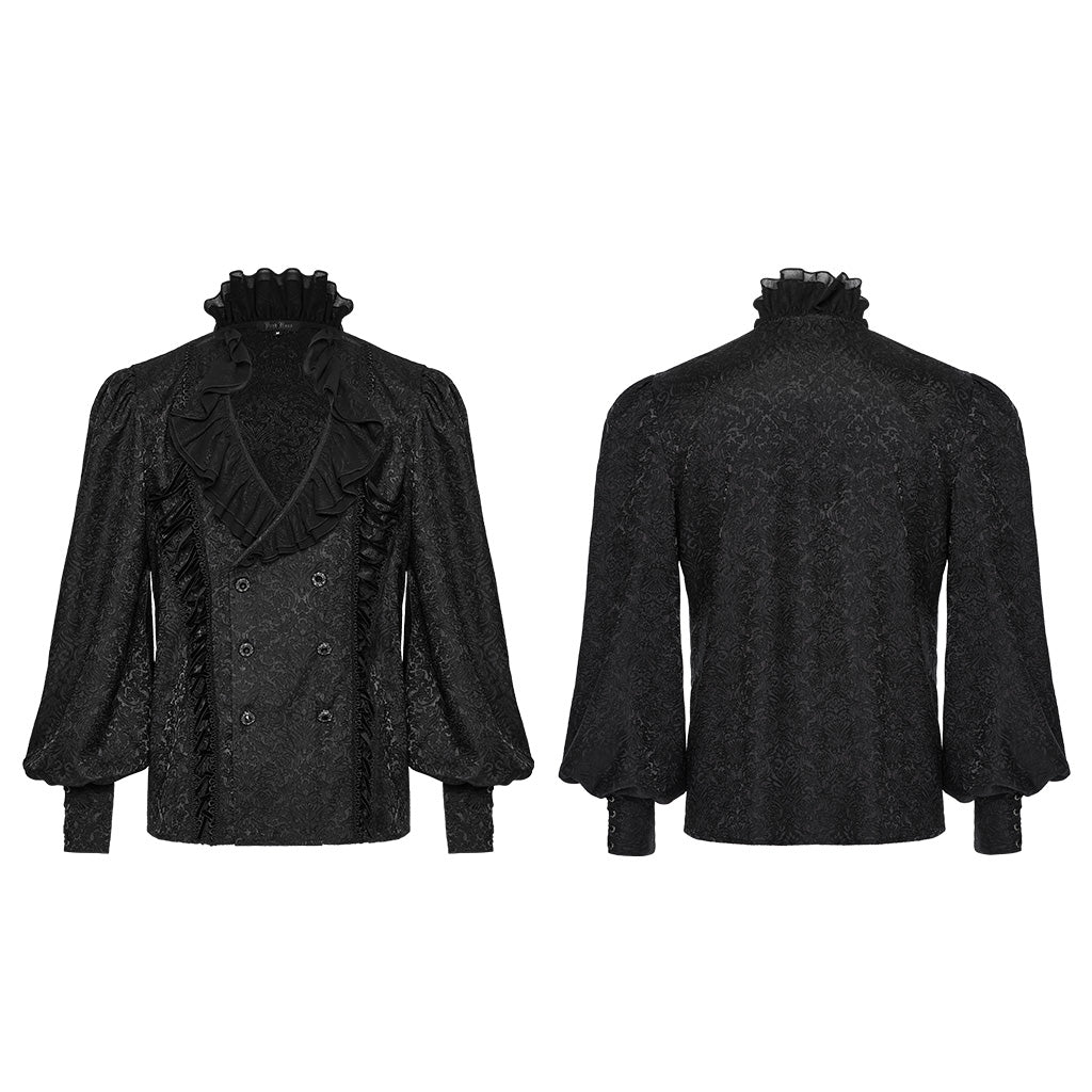 WY-1669CCM Mens Gothic Ruffled Double-Breasted Black Lace Shirt?-??Punk Rave Clothing