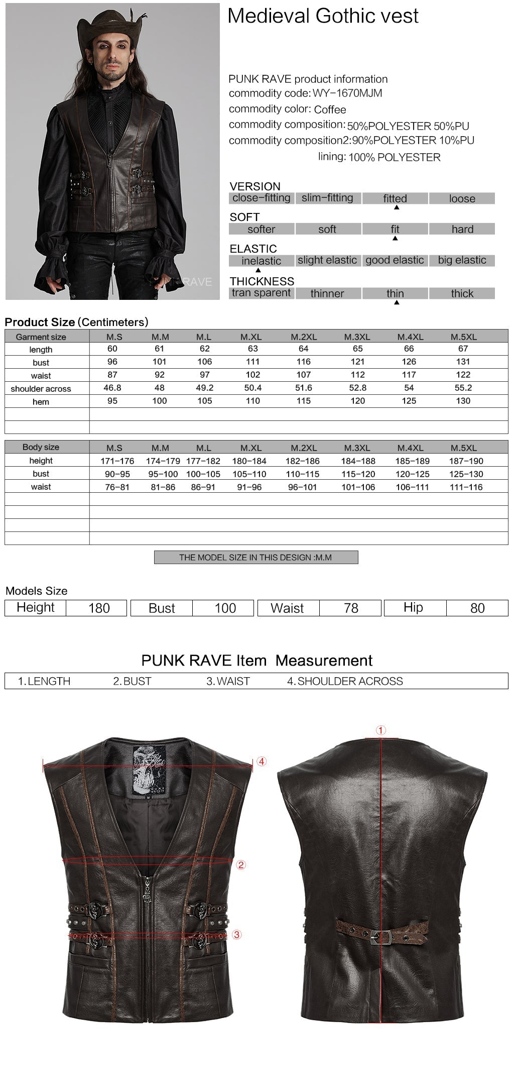 WY-1670MJM Medieval Leather Gothic Vest with Buckle Strap Details?-??Punk Rave Clothing