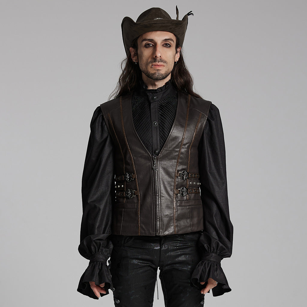 WY-1670MJM Medieval Leather Gothic Vest with Buckle Strap Details?-??Punk Rave Clothing