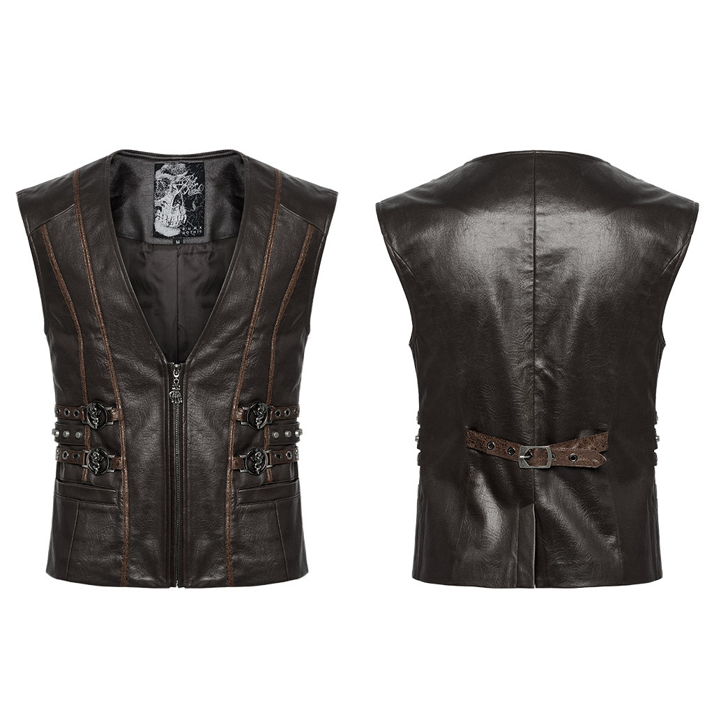 WY-1670MJM Medieval Leather Gothic Vest with Buckle Strap Details?-??Punk Rave Clothing