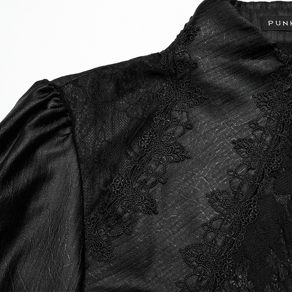 WY-1675CCM Gothic Layered Embroidered Puff Sleeve Black Shirt?-??Punk Rave Clothing