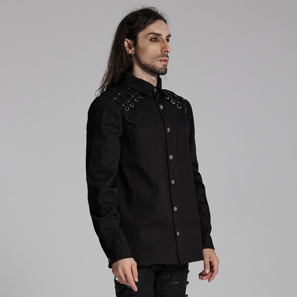 WY-1691CCM Gothic Rivet-Adorned Button-Up Black Punk Shirt?-??Punk Rave Clothing