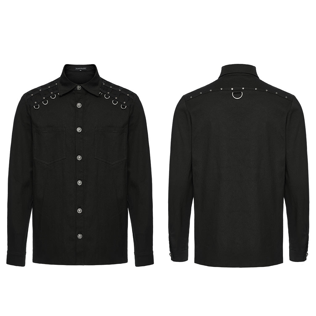 WY-1691CCM Gothic Rivet-Adorned Button-Up Black Punk Shirt?-??Punk Rave Clothing
