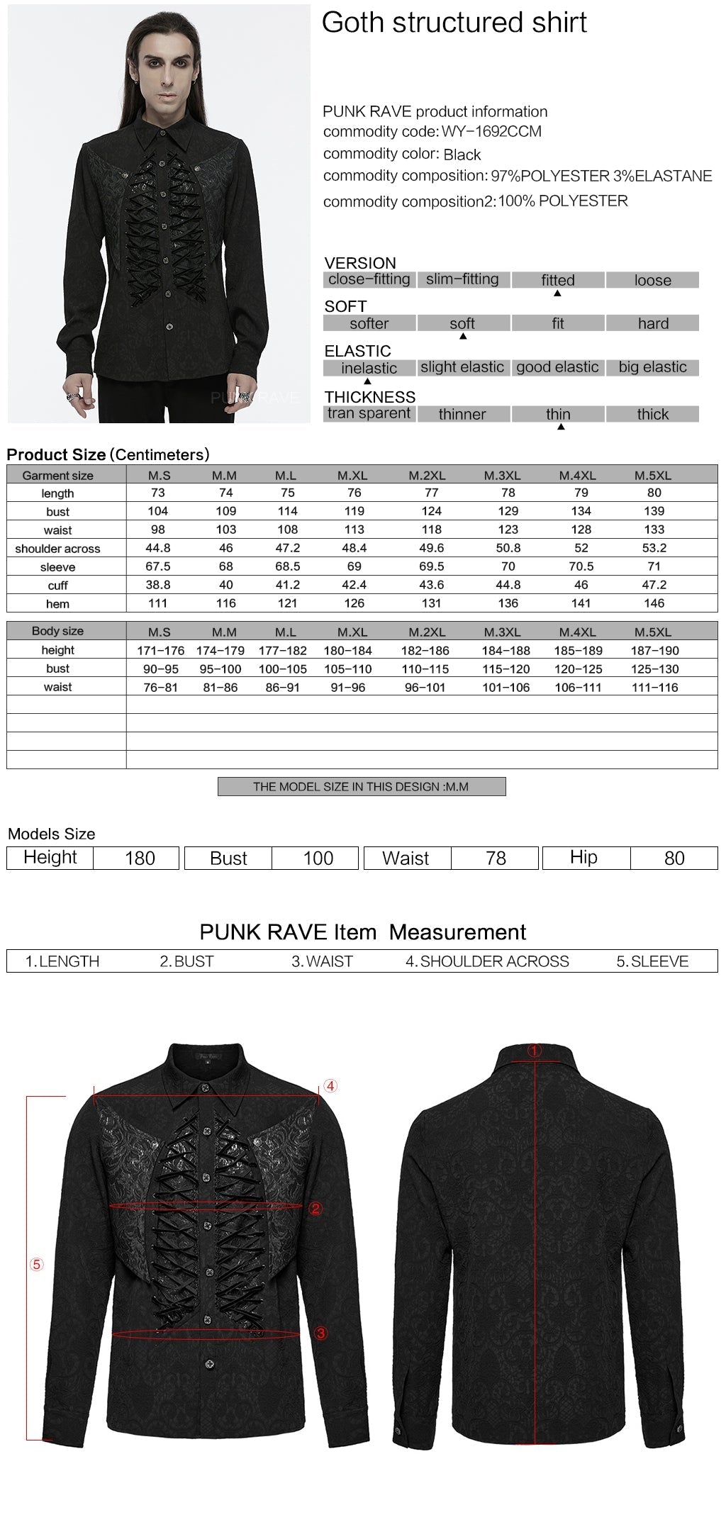 WY-1692CCM Mens Gothic Embroidered Shirt with Lace-Up Front?-??Punk Rave Clothing