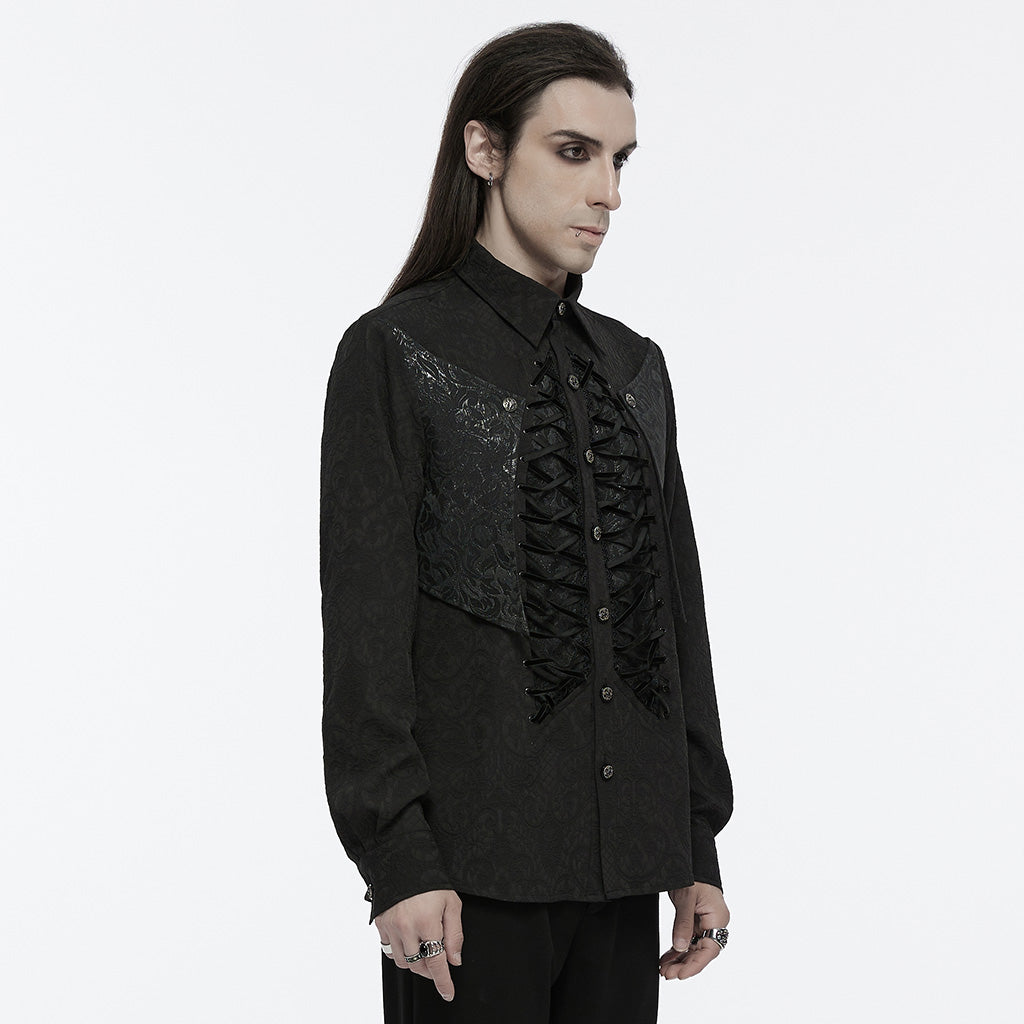 WY-1692CCM Mens Gothic Embroidered Shirt with Lace-Up Front?-??Punk Rave Clothing