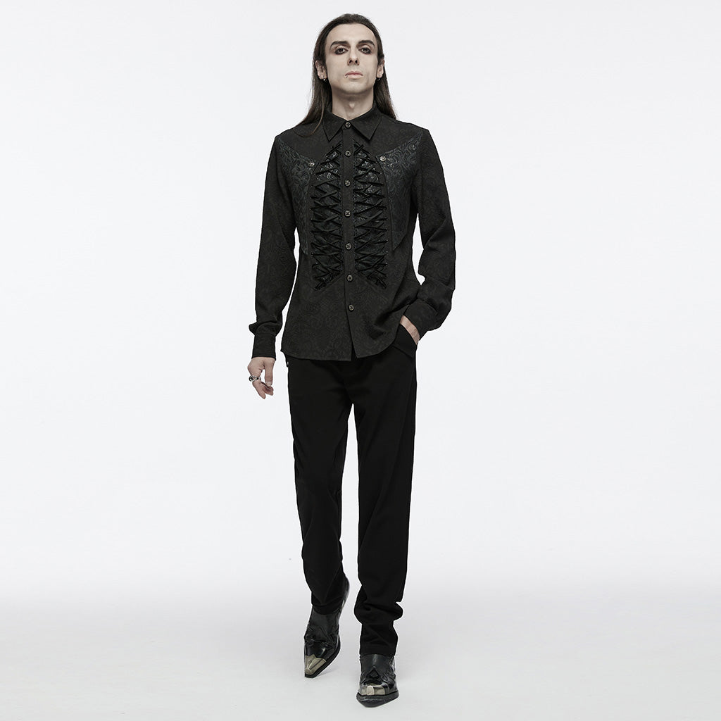 WY-1692CCM Mens Gothic Embroidered Shirt with Lace-Up Front?-??Punk Rave Clothing