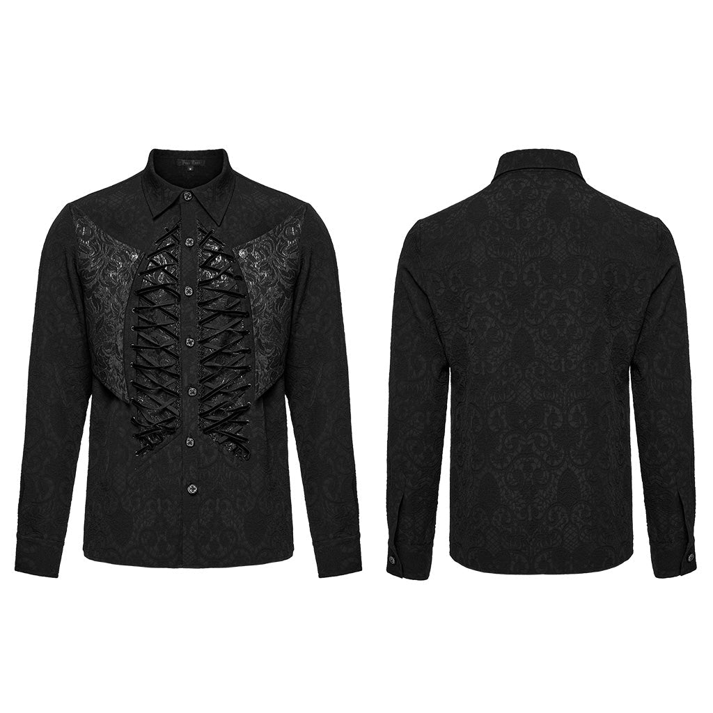 WY-1692CCM Mens Gothic Embroidered Shirt with Lace-Up Front?-??Punk Rave Clothing