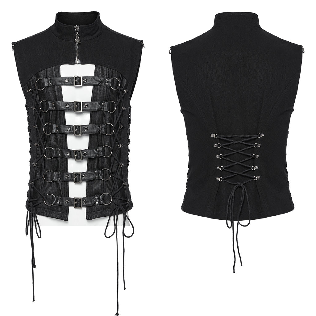 WY-1701MJM Gothic Leather Strapped Mesh Biker Punk Vests Zipper Closure?-??Punk Rave Clothing