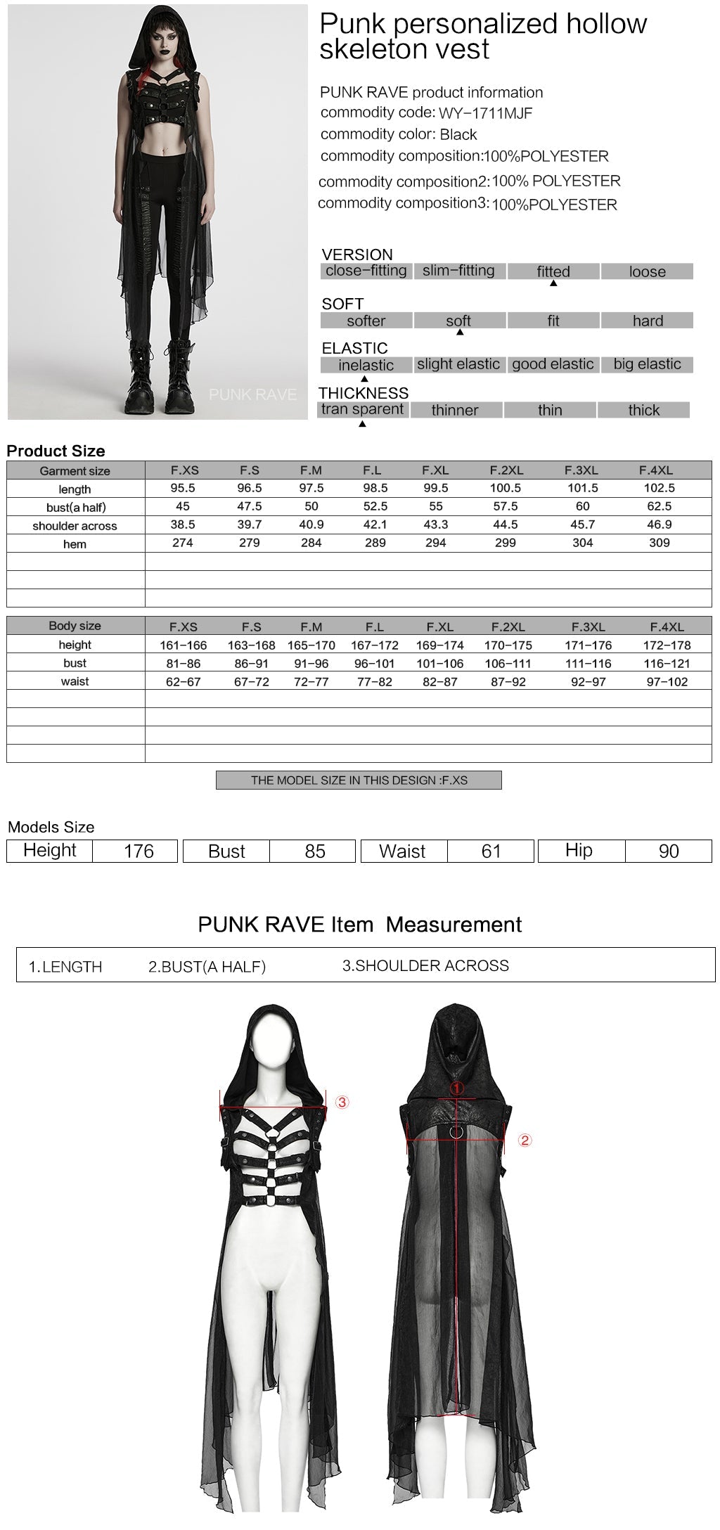 WY-1711MJF Hooded Sheer Black Strappy Long Punk Vest