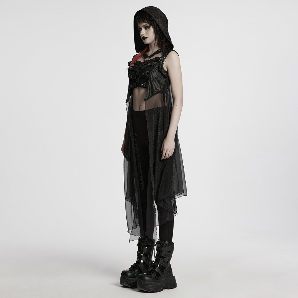 WY-1711MJF Hooded Sheer Black Strappy Long Punk Vest